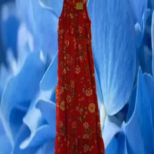 VESTIDO ROJO CON FLORES SIN MANGA VUELO CUELLO CERRADO