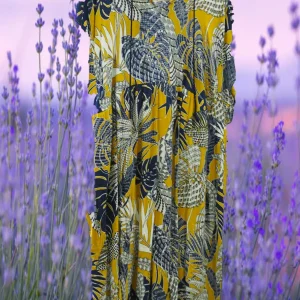 VESTIDO MANGA CORTA OCRE CON ESTAMPADO