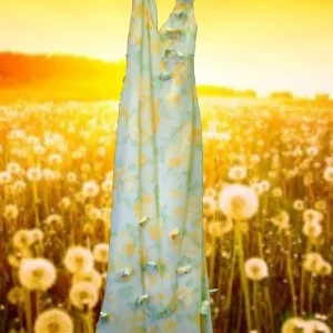 VESTIDO LARGO FIESTA VAPOROSO AMARILLO Y ESTAMPADO FLORAL
