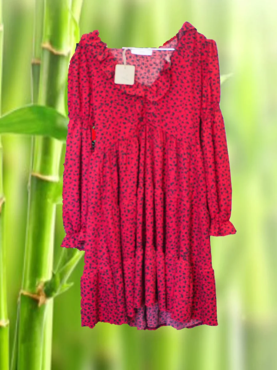 VESTIDO MIDI ROJO MANGA LARGO CON ESTAMPADO