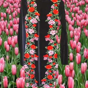 VESTIDO MIDI NEGRO MANGA LARGA EN TERCIOPELO Y ESTAMPADO BORDADO