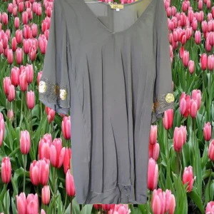VESTIDO  MANGA FRANCESA GRIS CON DETALLES EN LENTEJUELAS