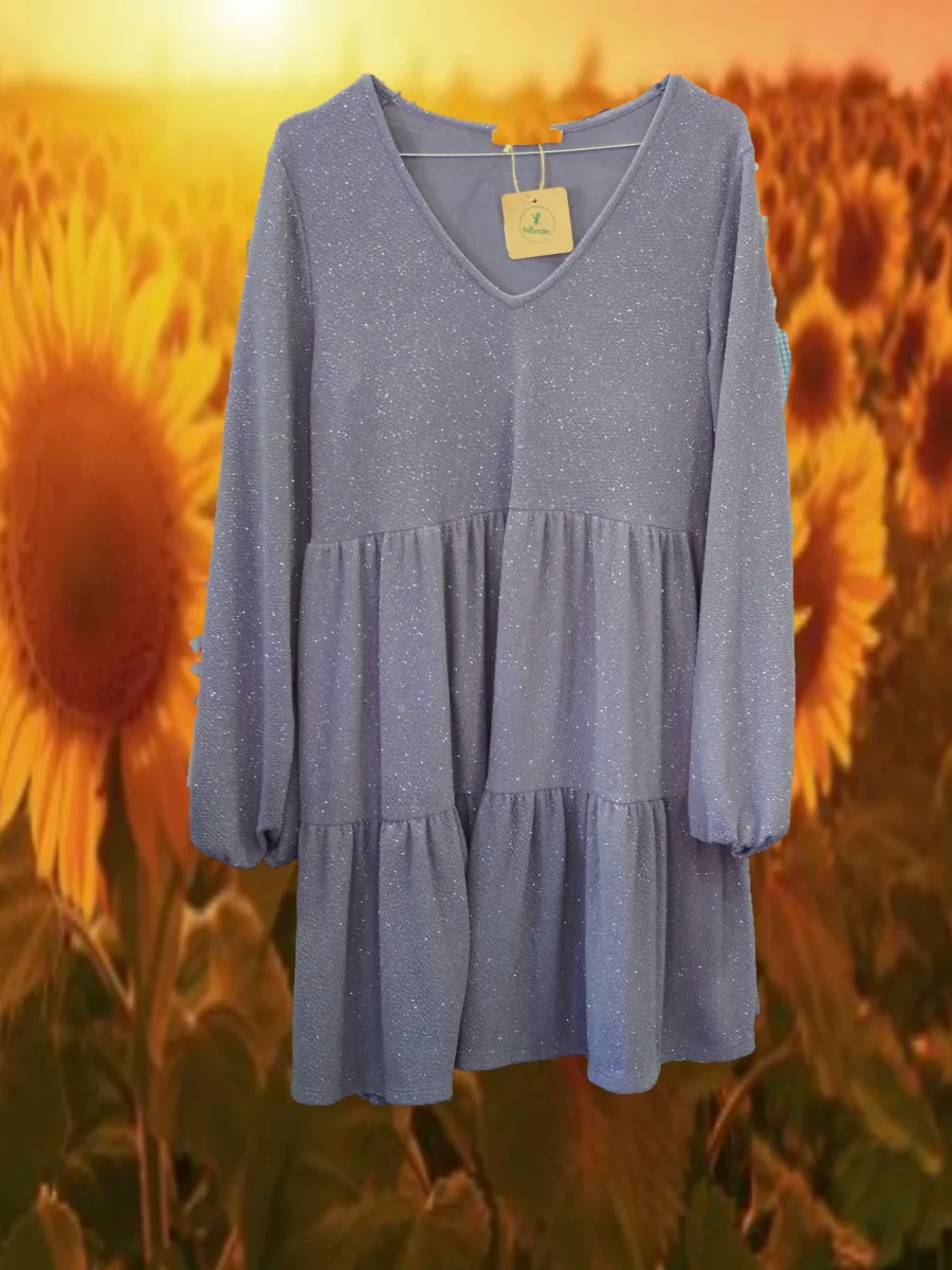 VESTIDO MIDI MORADO CON DETALLES DE BRILLOS MANGA LARGA