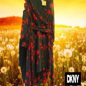 VESTIDO MIDI NEGRO Y ROJO MANGA LARGA DKNY