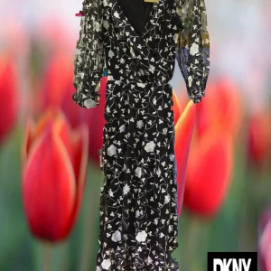 VESTIDO LARGO MIDI NEGRO LARGA FRANCESA CON ESTAMPADO DKNY
