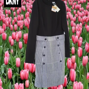 VESTIDO MIDI MANGA LARGA CON CUERPO NEGRO Y FALDA ESTAMPADA ( TARA FALTA BOTON ) DKNY