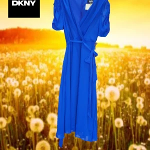 VESTIDO GASA AZUL MANGA CORTA MIDI ( TARA PEQUEÑO ENGANCHE EN ESPALDA ) DKNY