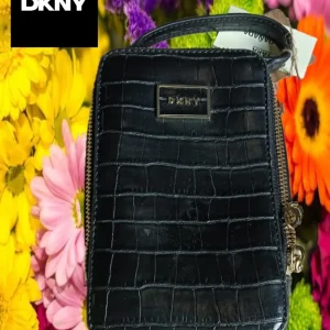 BOLSO MONEDERO NEGRO CON PIEL COCODRILO ( TARA PIEL DAÑADA ) DKNY