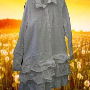 VESTIDO BLANCO MIDI MANGA LARGA CON VOLANTES