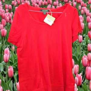 CAMISETA MUJER ROJA MANGA CORTA PUNTO ( MANCHA EN CUELLO )