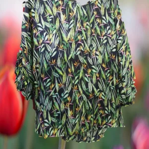 CAMISA MUJER NEGRA MANGA FRANCESA Y ESTAMPADO VEGETAL