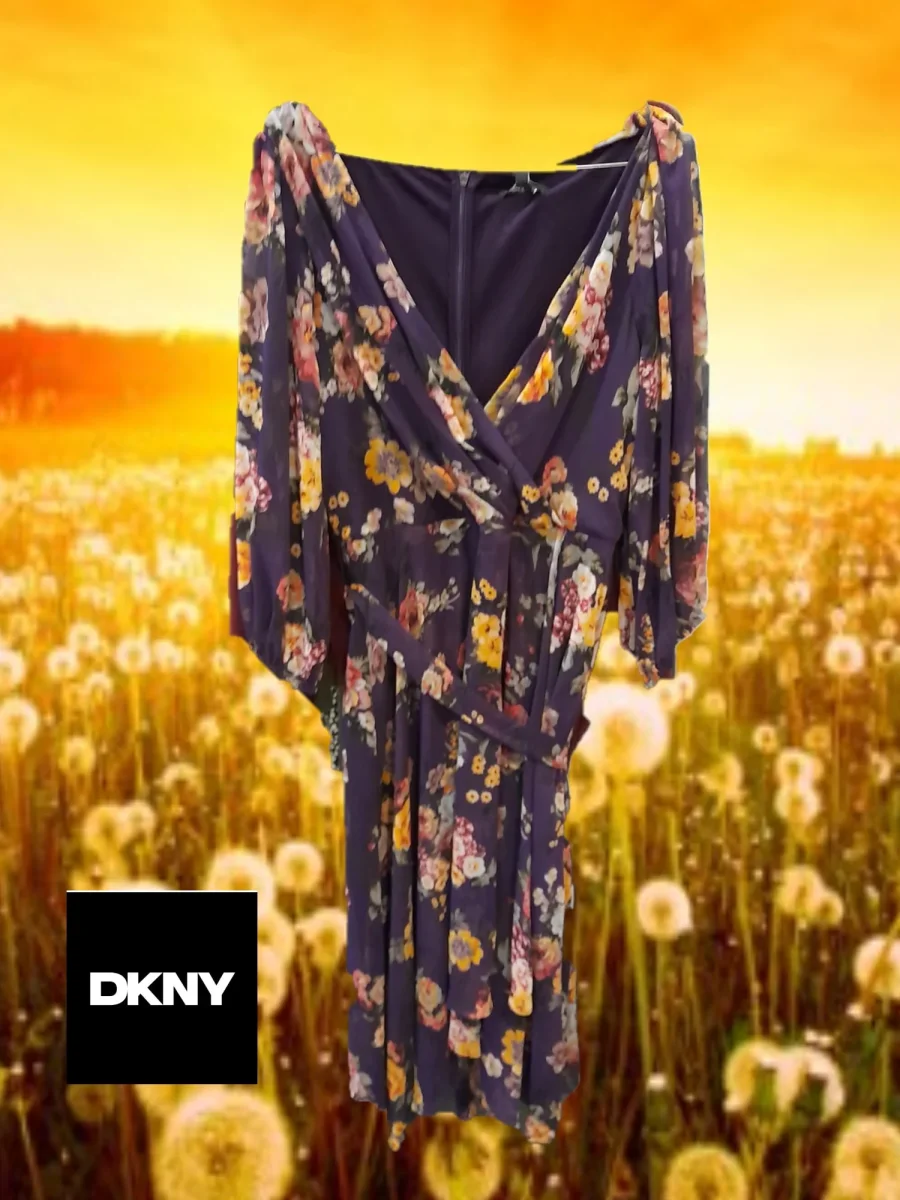 VESTIDO MORADO LARGO DE GASA CON ESTAMPADO FLORAL Y MANGA LARGA DKNY - Imagen 3