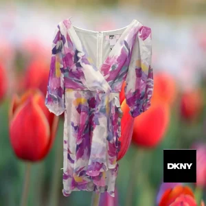 VESTIDO BLANCO LARGO DE GASA CON ESTAMPADO FLORAL Y MANGA LARFA DKNY
