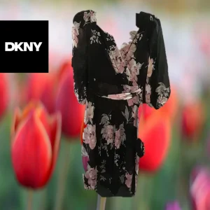 VESTIDO NEGRO LARGO CON ESTAMPADO FLORAL Y MANGA LARGA DKNY