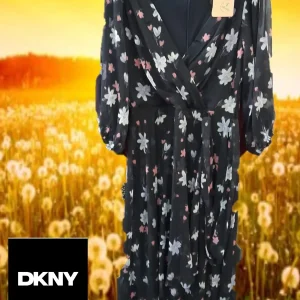 VESTIDO LARGO AZUL MARINO DE GASA CON ESTAMPADO FLORAL Y MANGA LARGA DKNY