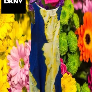 VESTIDO LARGO SIN MANGAS AZUL Y ESTAMPADO AMARILLO DKNY ( ROTURA PARTE BAJA IZQUIERDA )