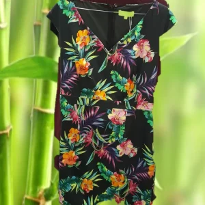 VESTIDO NEGRO MANGA CORTA CON ESTAMPADO TROPICAL