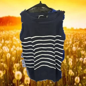 CAMISETA MUJER SIN MANGAS AZUL MARINO DE PUNTO Y RAYAS BLANCAS