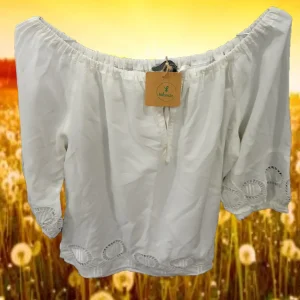 CAMISA MUJER BLANCA CON MANGA FRANCESA Y BORDADOS