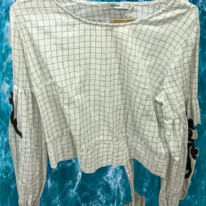 CAMISA MUJER BLANCA CON CUADROS Y BORDADOS EN MANGA LARGA
