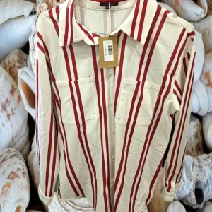 CAMISA MUJER BLANCA CON RAYAS ROSAS MANGA LARGA