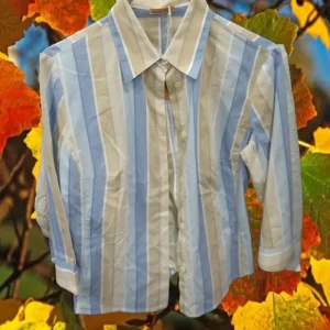 CAMISA MUJER CON RAYAS AZUL Y BEIGE Y MANGA FRANCESA