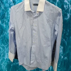CAMISA NIÑO MANGA LARGA AZUL CON PUÑOS Y CUELLO BLANCOS