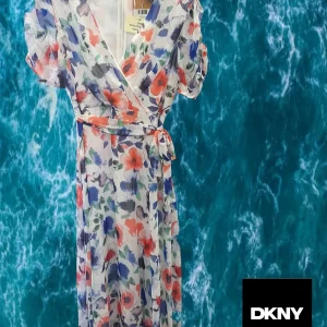 VESTIDO LARGO BLANCO DE GASA CON ESTAMPADO FLORAL Y MANGA FRANCESA FRUNCIDA DKNY ( RASGADO BRAZO IZQUIERDO )