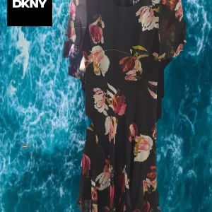 VESTIDO NEGRO LARGO MANGA CORTA CON ESTAMPADO FLORAL DKNY ( TARA FALTA CINTURÓN )