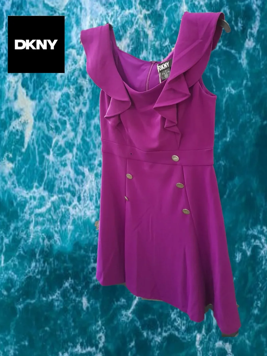 VESTIDO MORADO MIDI CON TIRANTES DKNY( TARA FALTA BOTON ) - Imagen 2