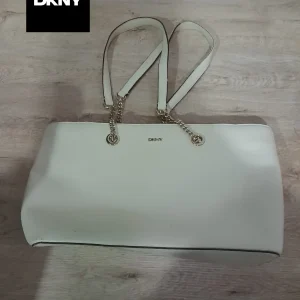 BOLSO GRANDE BLANCO ROTO DE PIEL CON ASAS DE HOMBRO DKNY ( TARA ASAS DEFECTUOSAS Y VARIAS MANCHAS )