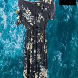 VESTIDO LARGO GASA AZUL MARINO MANGA CORTA CON ESTAMPADO FLORAL Y CINTURON DKNY ( ROTURA HEBILLA CINTURON )