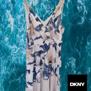 VESTIDO LARGO BEIGE CON ESTAMPADO FLORAL SIN MANGAS DKNY ( TARA FALTA CINTURÓN )