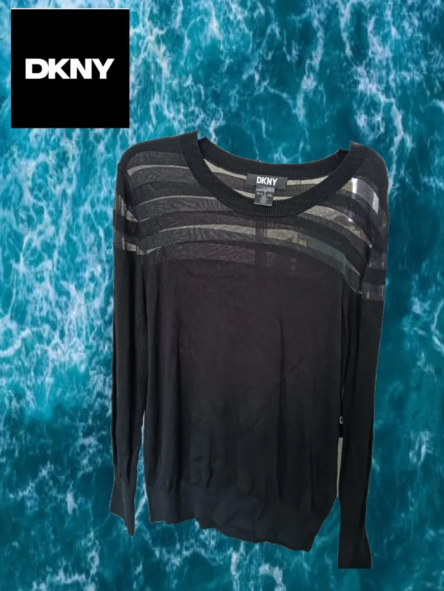 JERSEY NEGRO CON TRANSPARENCIA EN CUELLO MANGA FRANCESA DKNY - Imagen 2