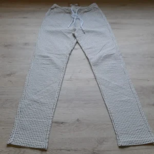 PANTALÓN BLANCO CON RAYAS BEIGE Y GOMA EN CINTURA