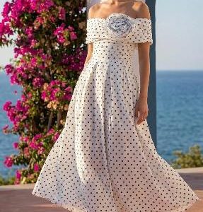 Vestido Largo Lunares con Escote Bardot