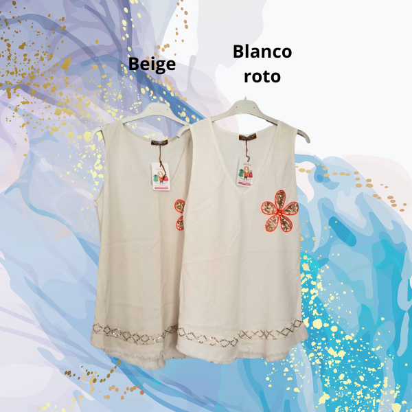 Top tirantes lino flor lentejuelas - Imagen 2